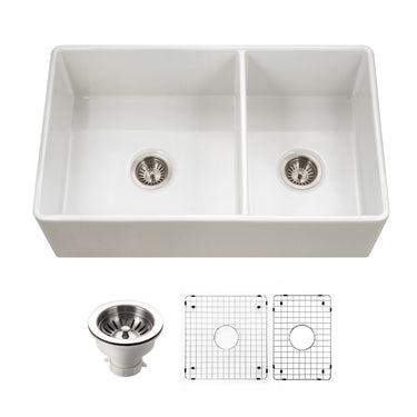 Houzer Platus 33 inch White Fireclay Apron Front Farmhouse 60/40 Double Bowl Kitchen Sink with Basket Strainer and Basin Grids Included